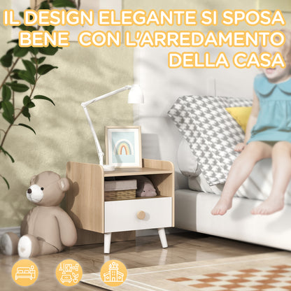 Bedside Table with Drawer for Children 3-10 Years Old in Wood and Pine Wood, 40x32.5x40 cm, White