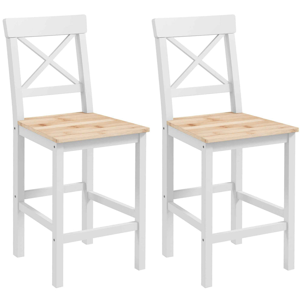 HOMCOM Set of 2 Bar Stools, High Back Kitchen Stools with Footrest, Pine Wood, Natural and White