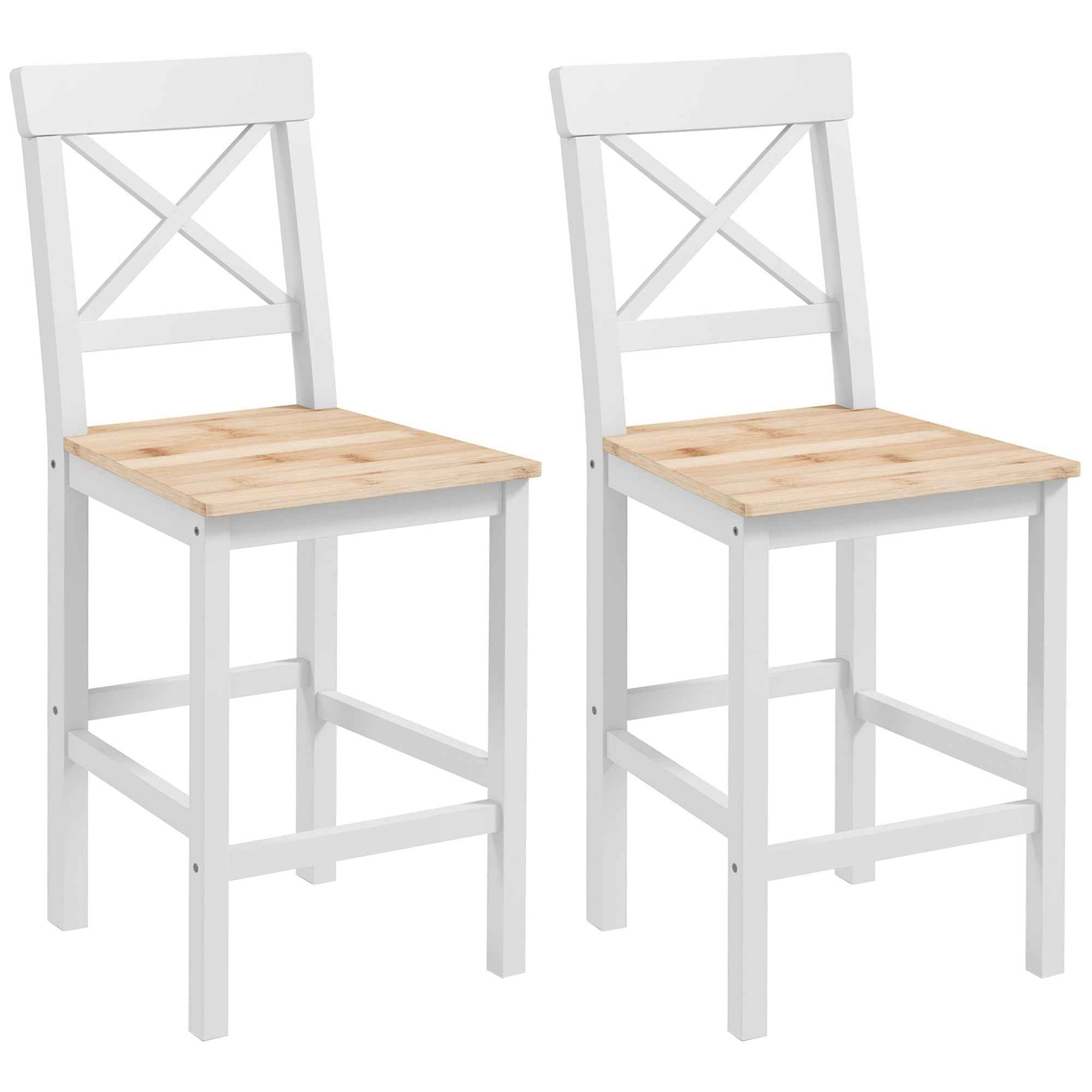 HOMCOM Set of 2 Bar Stools, High Back Kitchen Stools with Footrest, Pine Wood, Natural and White