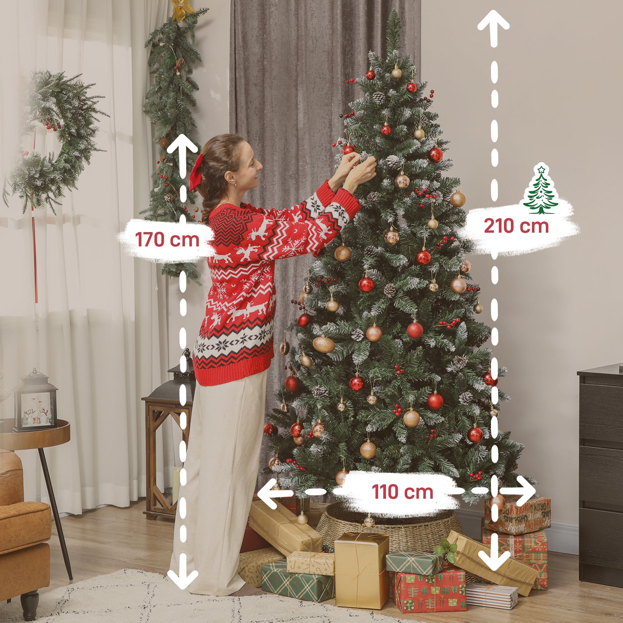 210cm Indoor Christmas Tree with 928 Branches, Pine Cones and Red Berries, Metal Base, Green