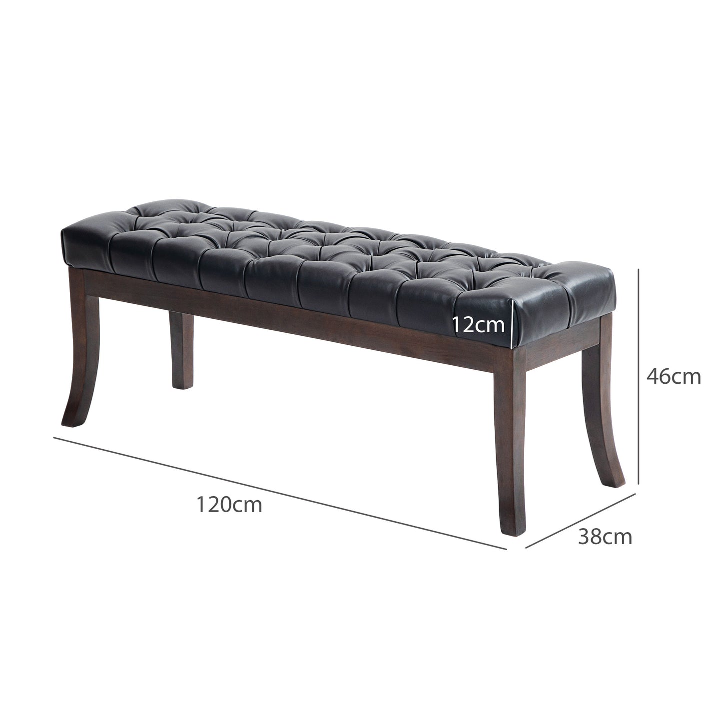 Ottoman Padded Bench with Button Design and Curved Legs, in PU Leather and Wood, 120x38x46 cm, Black - Borgè