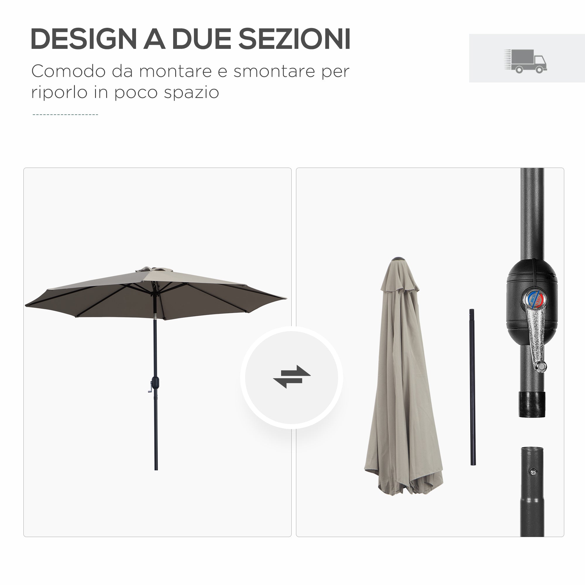 Outsunny 3x2.50 m Tilting Garden Umbrella with Crank and Removable Pole, Light Grey