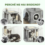 Cat Scratching Tree with House, Bed and 2 Balls, Made of Wood and Plush, 55x40x107 cm, Grey and White