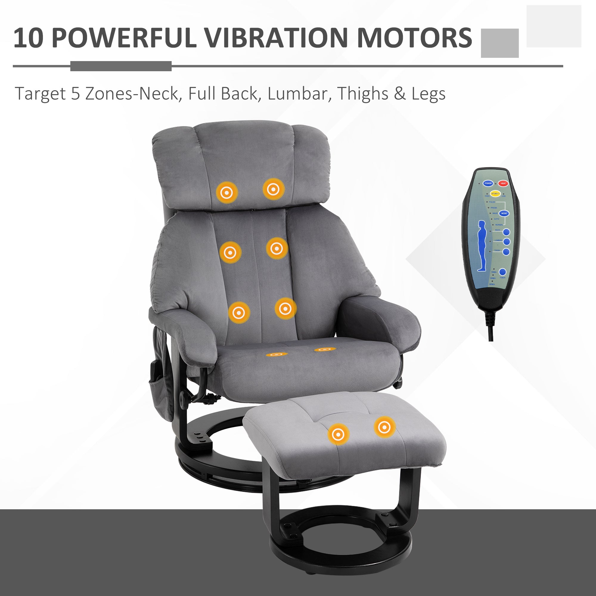 Reclining Massage Chair with Footrest and Remote Control in PU Faux Leather, 76x80x102 cm, Grey