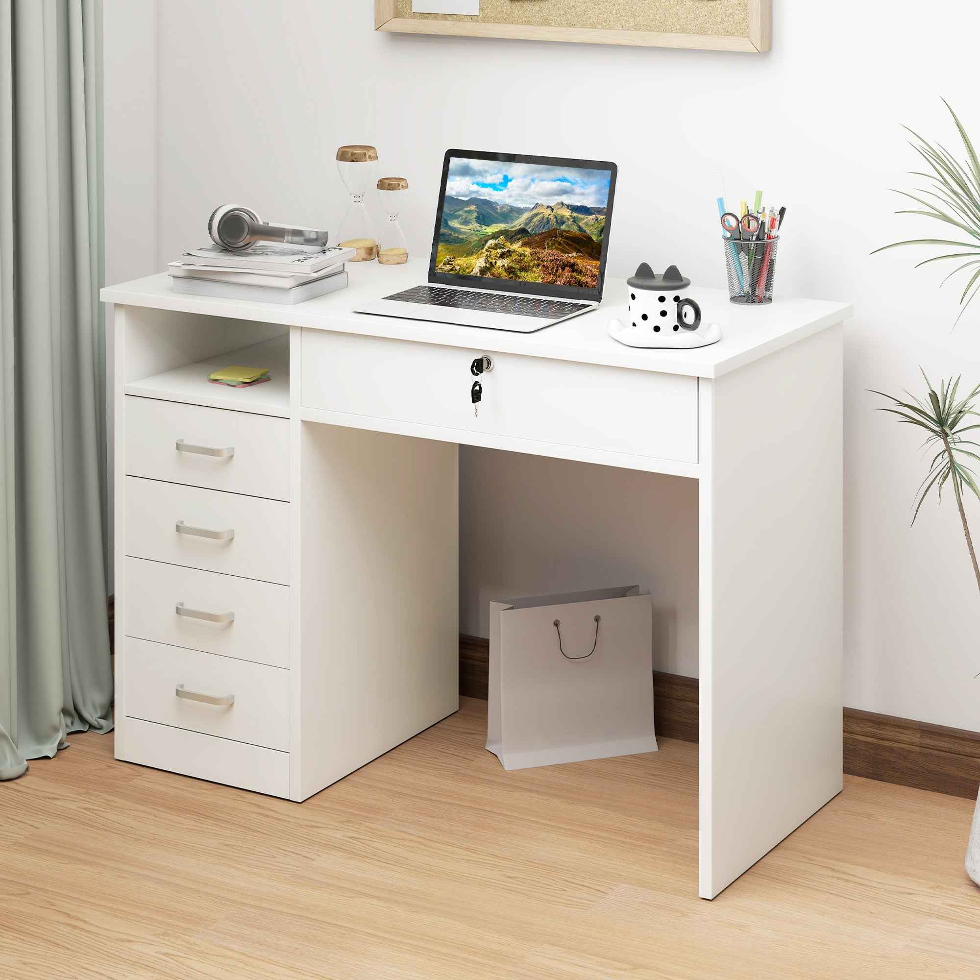 HOMCOM Wooden Desk for Bedroom or Office with 2 Drawers and 2 Keys, 110x50x76cm - White