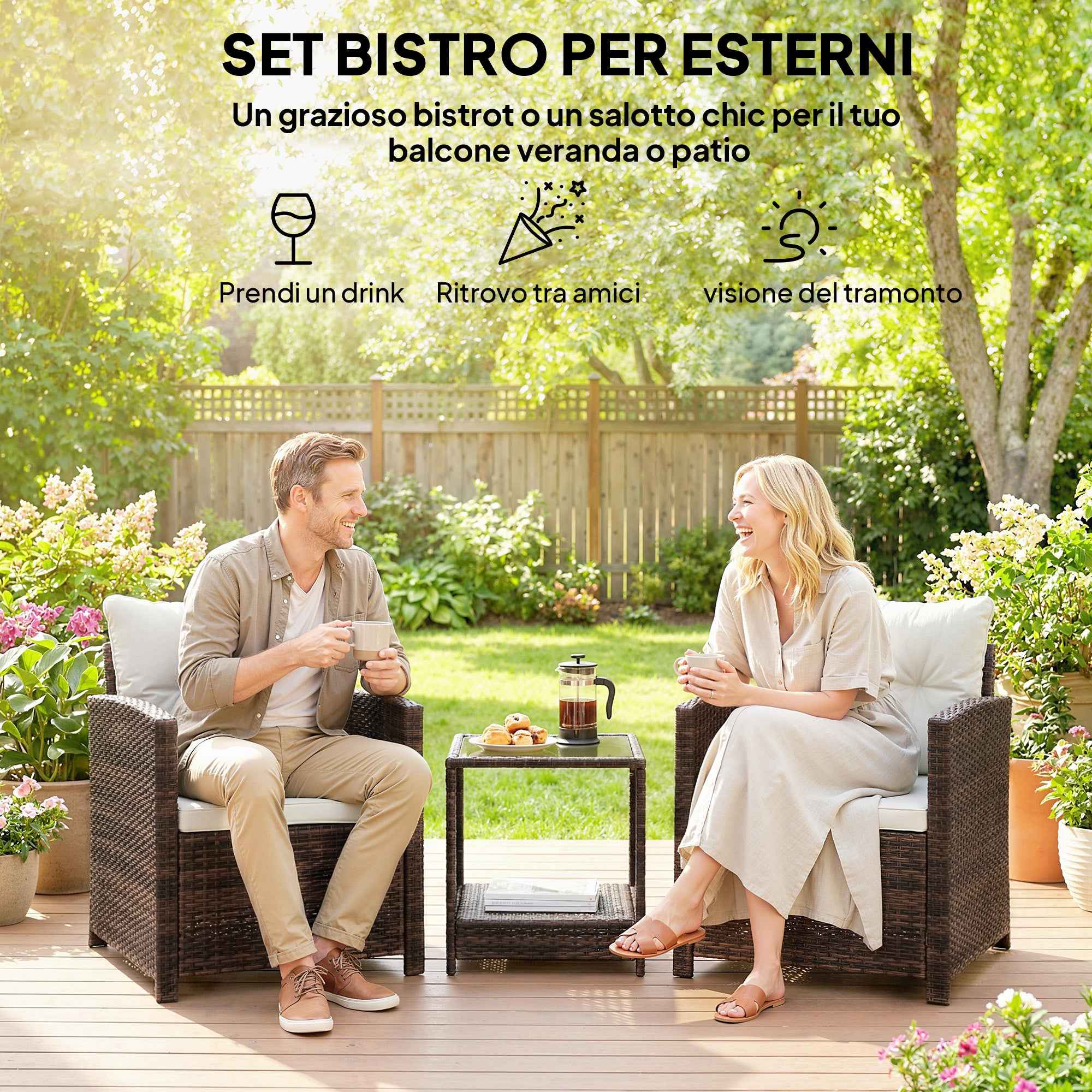 Outsunny 3-Piece PE Rattan and Steel Garden Set with 2 Armchairs with Cushions and Coffee Table, Brown and Cream