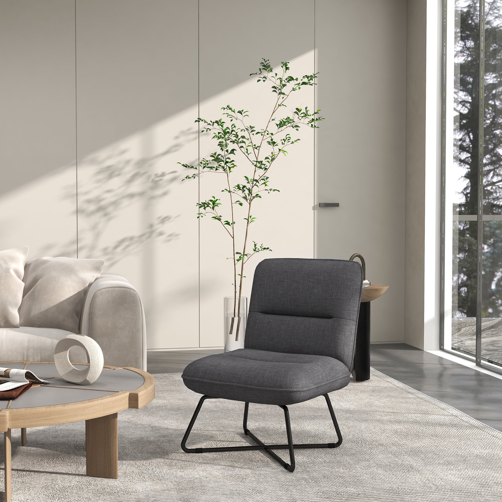 Modern Armchair with Steel Base and Fabric Upholstery, 61x68x83.5cm, Dark Grey