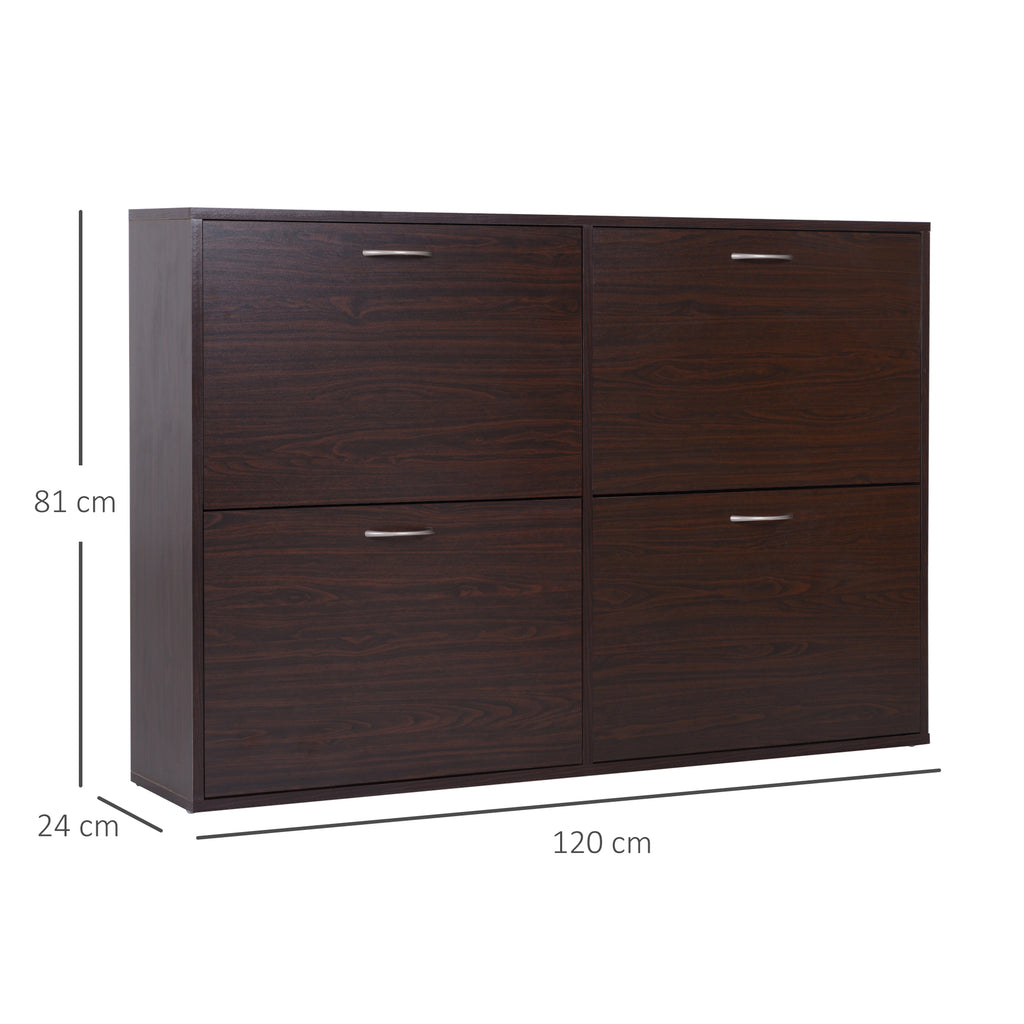 Space-Saving 24 Pair Shoe Rack with Adjustable Shelves and 4 Drawers, Wooden, 120x24x81cm, Brown