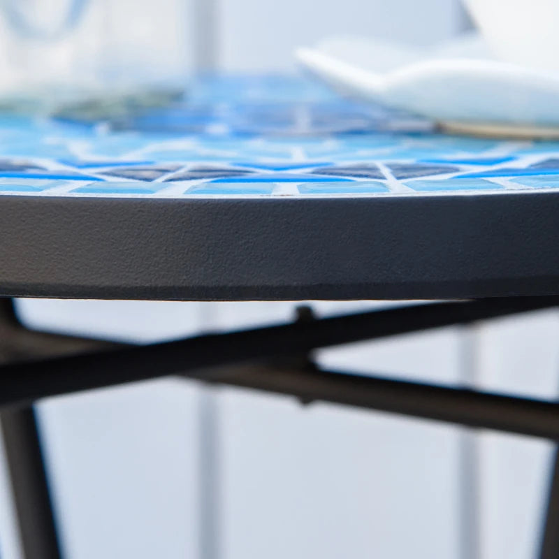 Round Metal Garden Coffee Table with Ceramic Top, Mosaic Design, Ф35.5x53.5cm, Blue - Borge' Group Limited