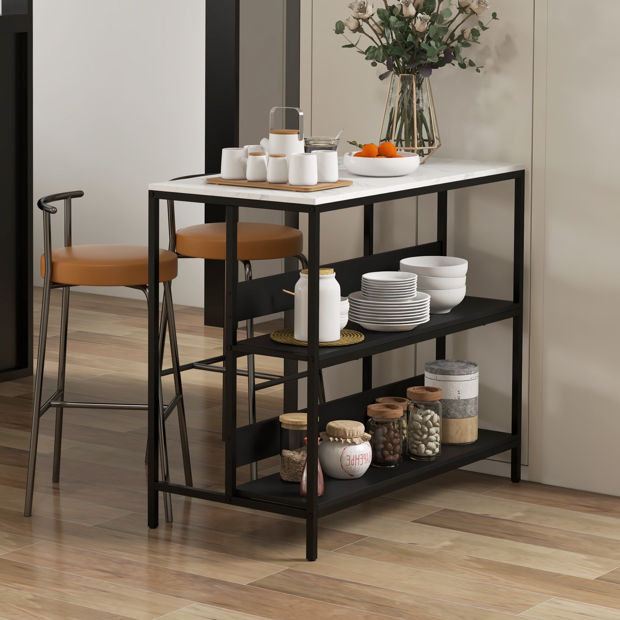 Homcom kitchen island with shelves, marble effect and metal structure, 100x50x90cm, black and white - Borgè