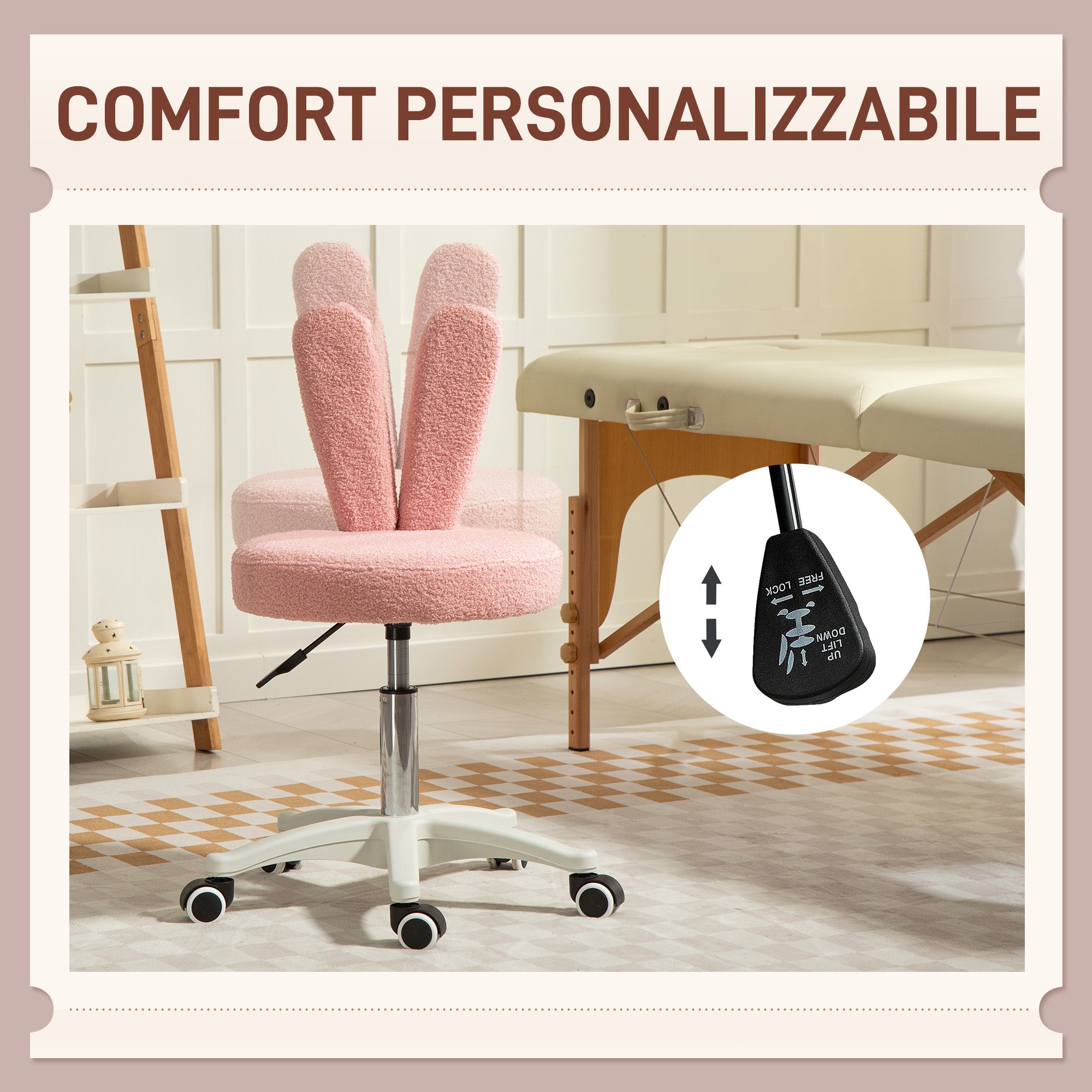 Height-Adjustable Rabbit Ear Desk Chair with Teddy Fleece Cover, Pink, 53x53x70-84 cm