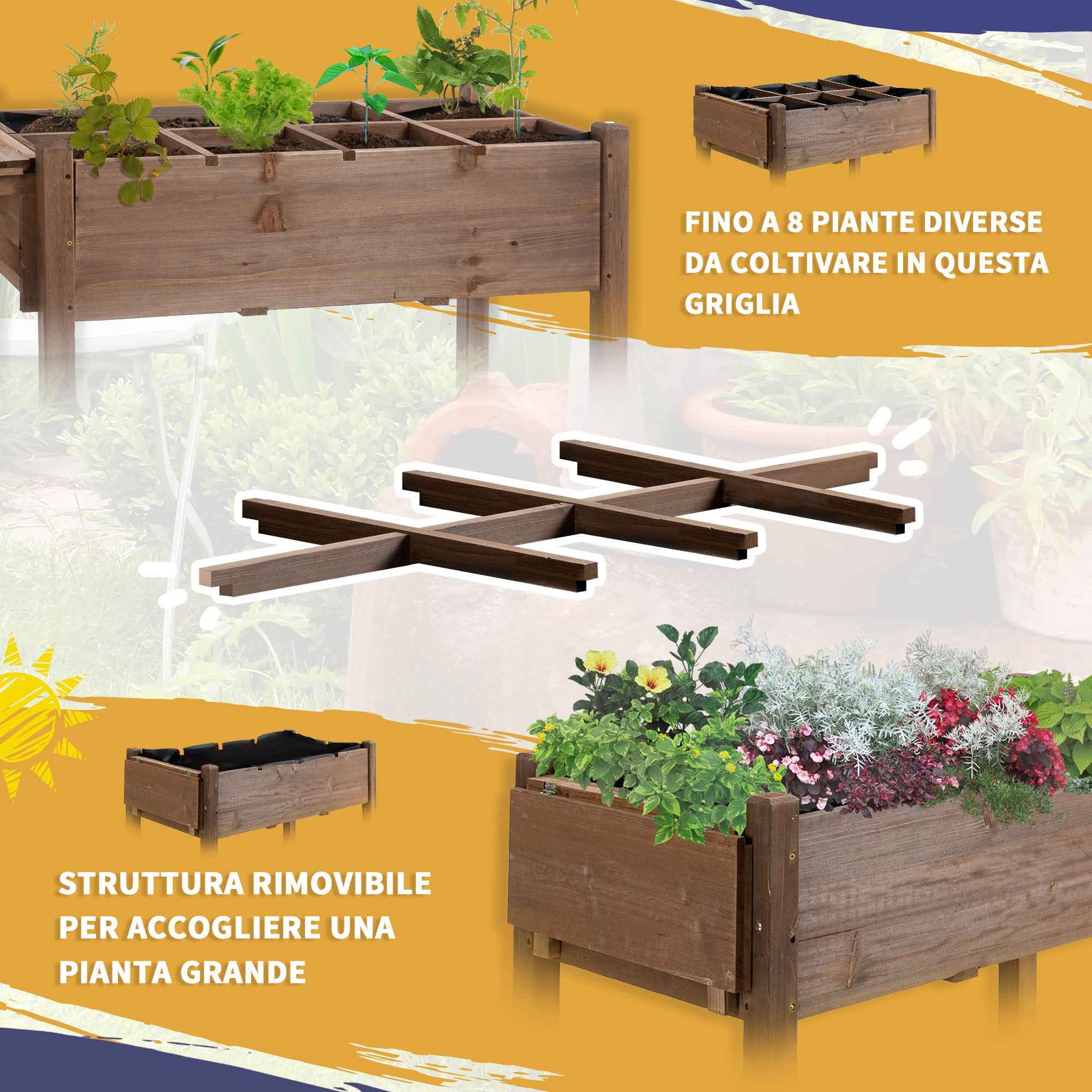 Outsunny 8-Pot Outdoor Planter with Side and Bottom Shelf, Fir Wood, 123x54x87 cm