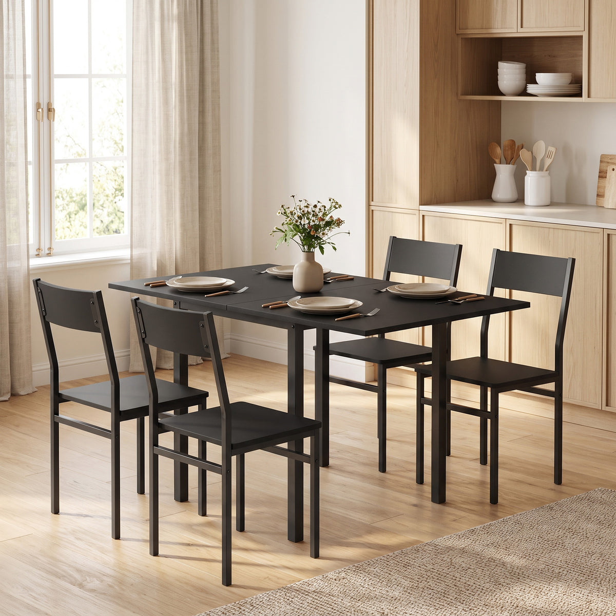 HOMCOM Extendable Dining Table and 4 Stackable Chairs, Black
