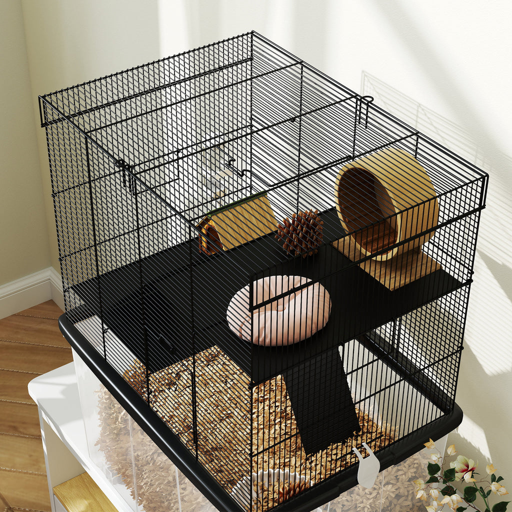 Hamster Cage 3 Floors with Wheels, 2 Platforms, Ramps, Bowl and Bottle, 58x43x74 cm, Black
