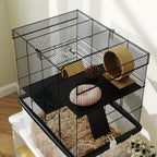 Hamster Cage 3 Floors with Wheels, 2 Platforms, Ramps, Bowl and Bottle, 58x43x74 cm, Black