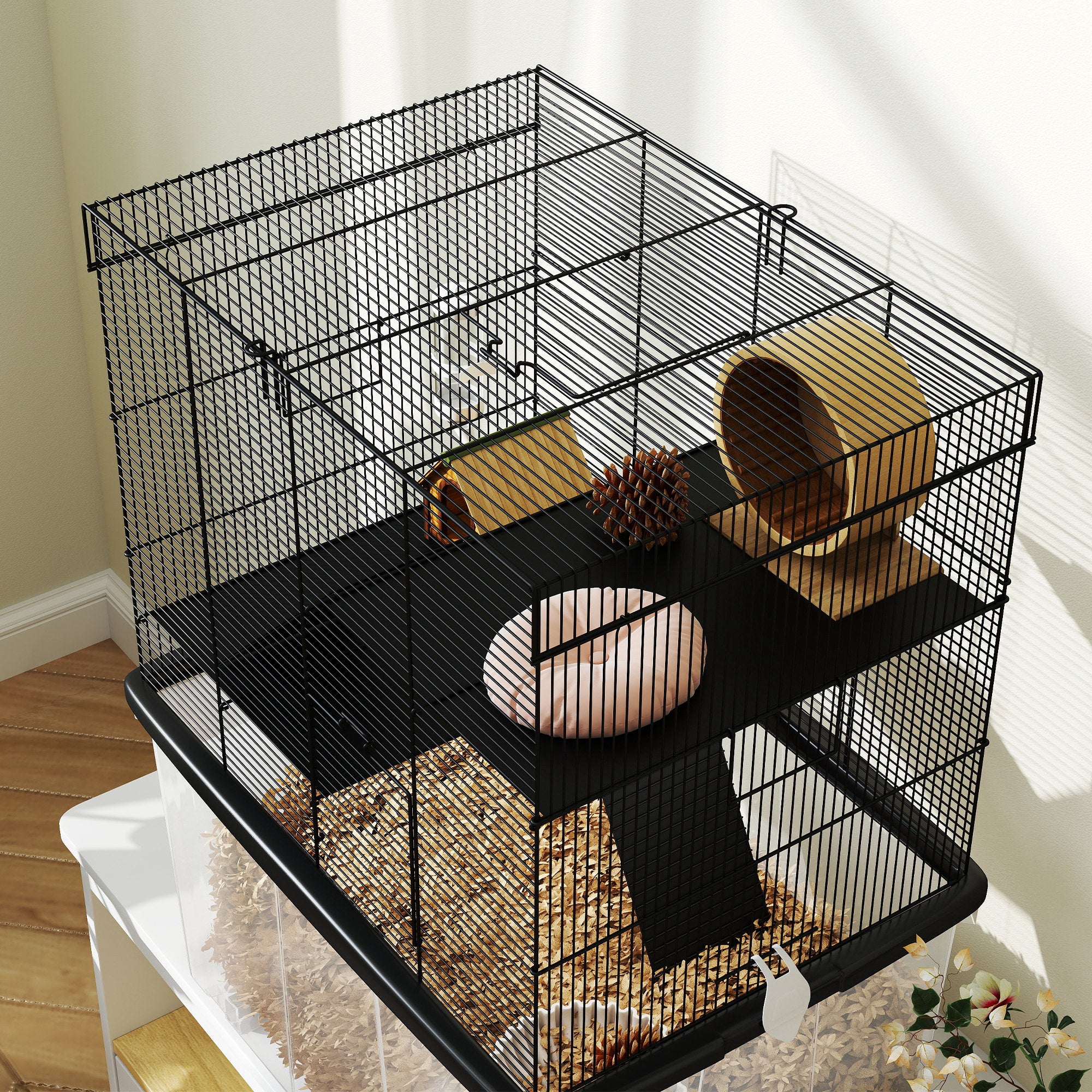 Hamster Cage 3 Floors with Wheels, 2 Platforms, Ramps, Bowl and Bottle, 58x43x74 cm, Black