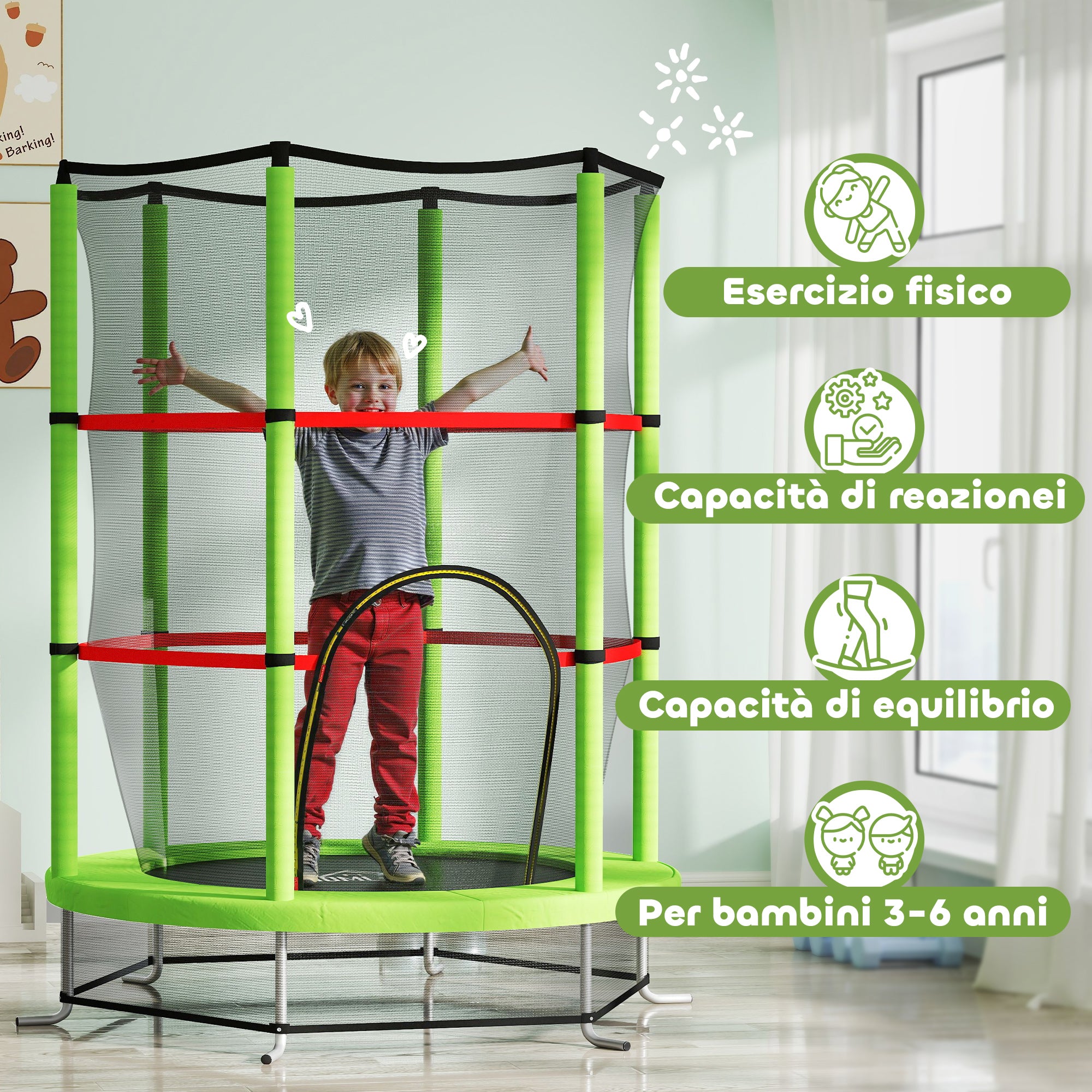 Trampoline for Children 3-6 Years with Safety Net, 6 Columns and 3 Entrances, Ø140x190 cm, Green and Black