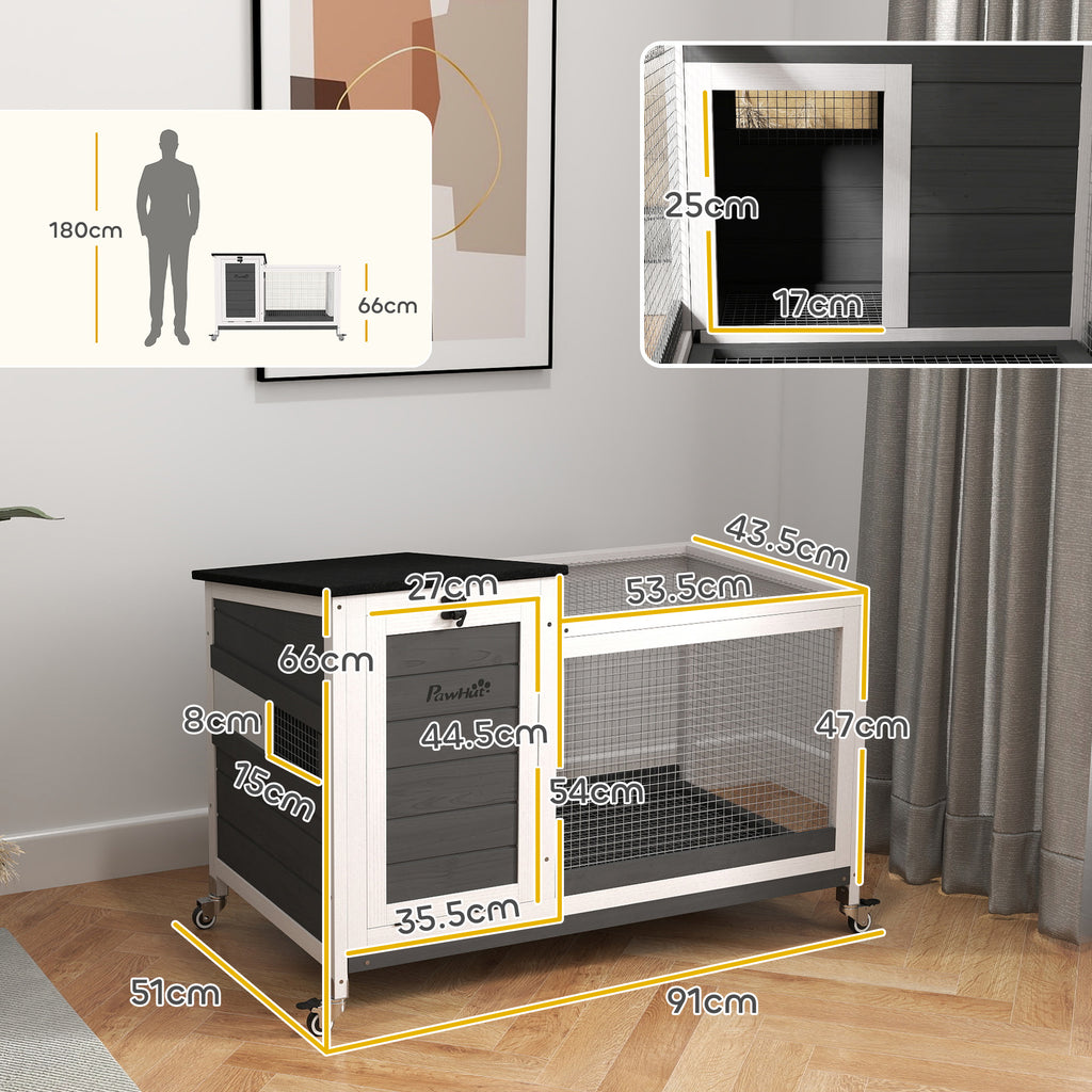 Outdoor Rabbit Hutch on Wheels with Removable Tray, in Fir Wood and Steel, 91x51x66 cm, Multicolor