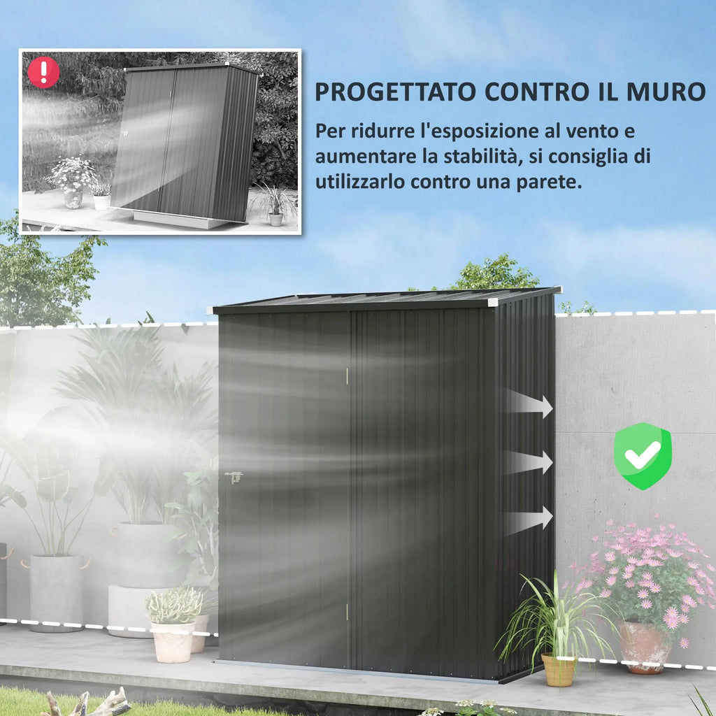 Garden Shed Tool Storage Shed in Steel Sheet with Lock, 161.5x94. 5x196cm, Black - Borge' Group Limited