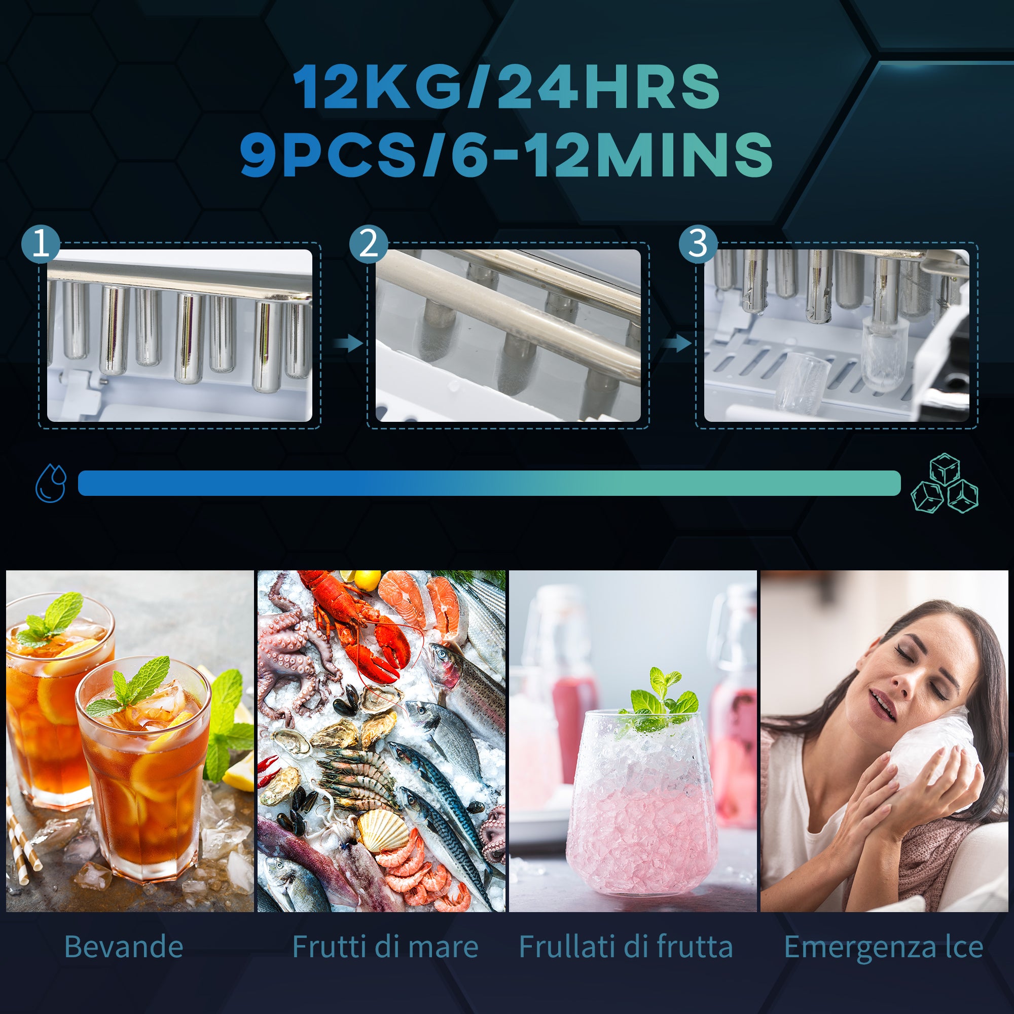 Self-Cleaning Ice Maker with 9 Cubes in 6-12 Minutes, in PP and Stainless Steel, 24.2x35.3x33 cm, Black - Borgè