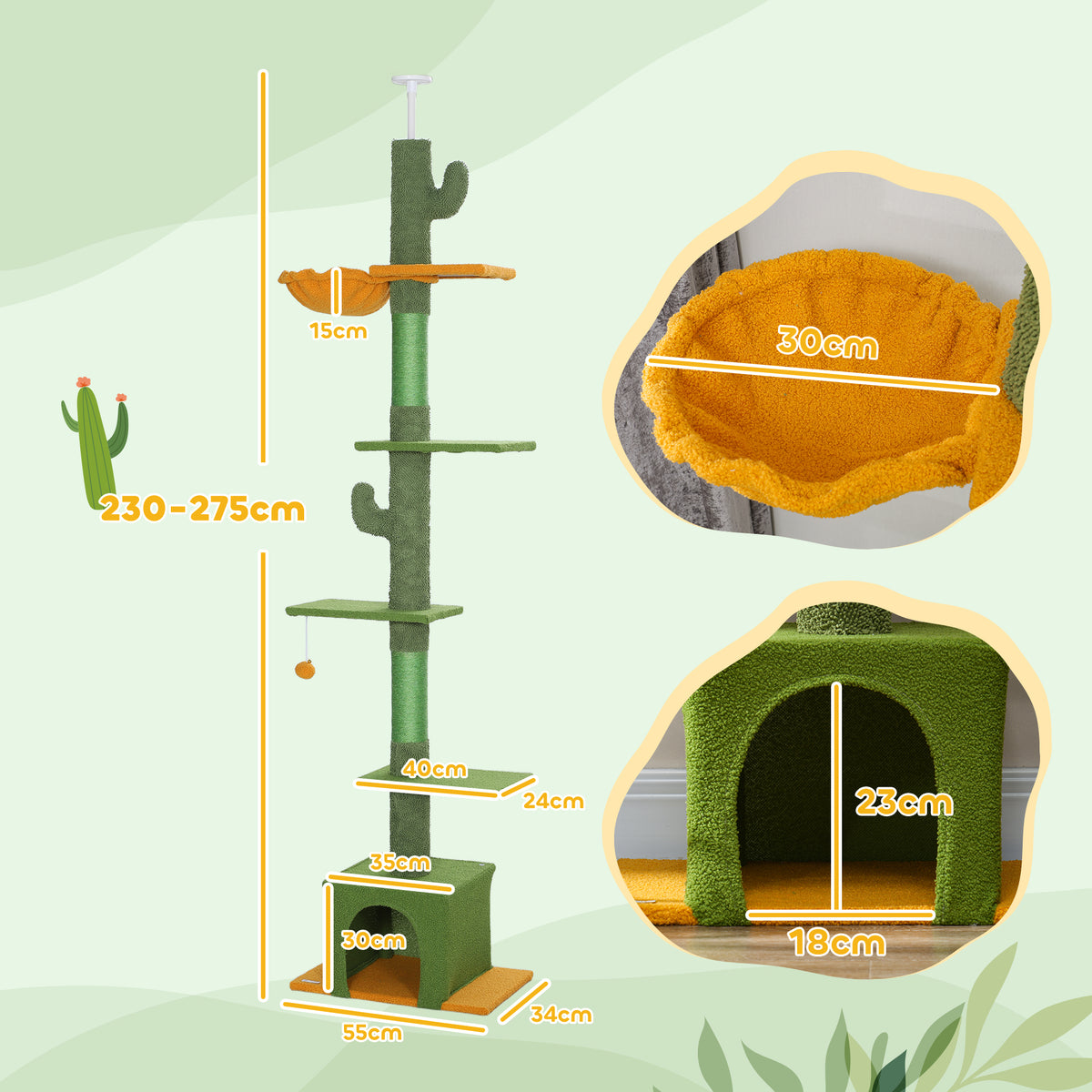 PawHut Cat Tree, 5 kg, 230-275 cm Ceiling Height, with Hammock, House, Platforms, Green