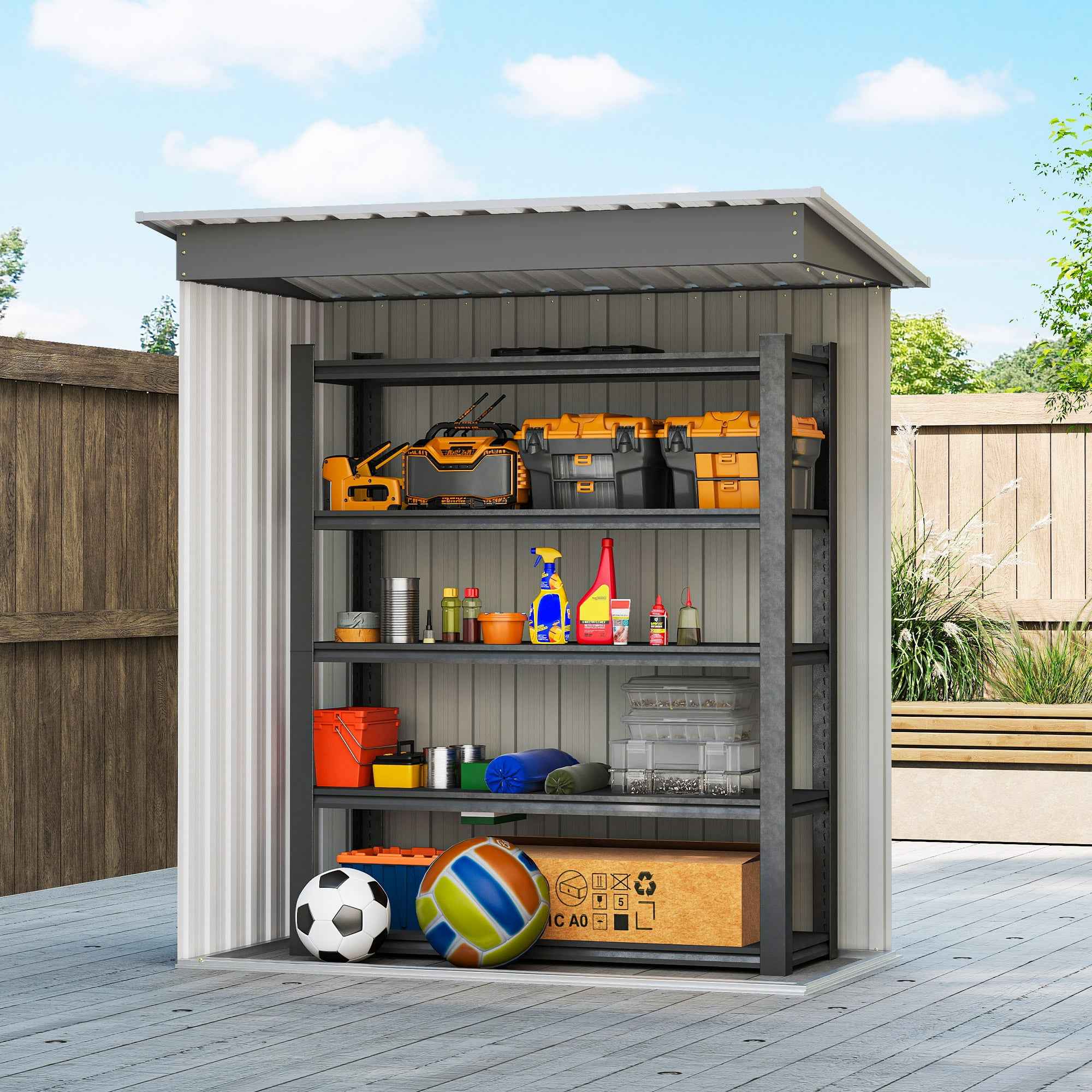 Outsunny Tool Shed with Sloped Roof and Sliding Door, Steel and PP, 163x89x182 cm, Light Grey
