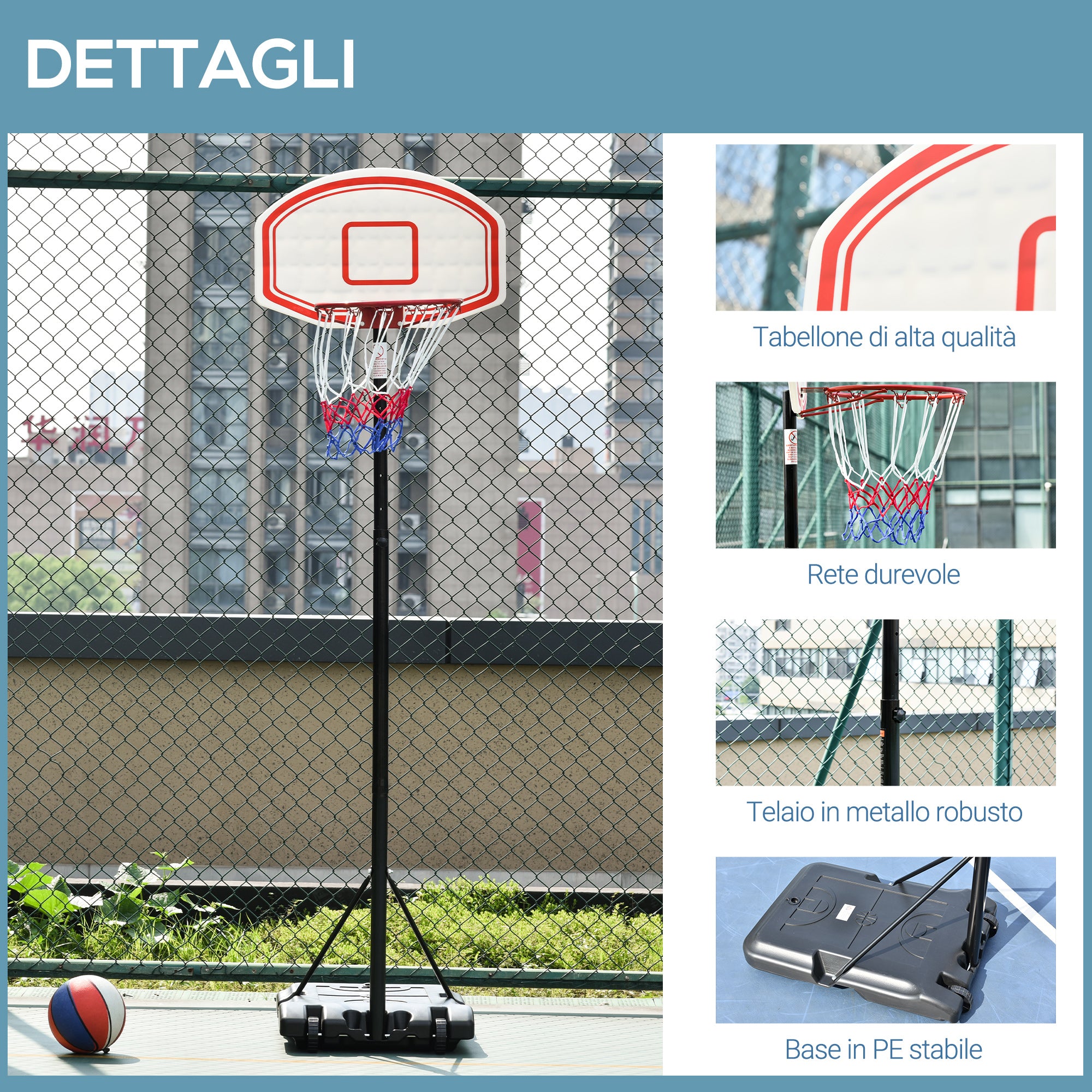 Basketball Hoop, 5-Level Adjustable Height 175-215cm, Metal Frame and Fillable Base with Wheels, PE Backboard
