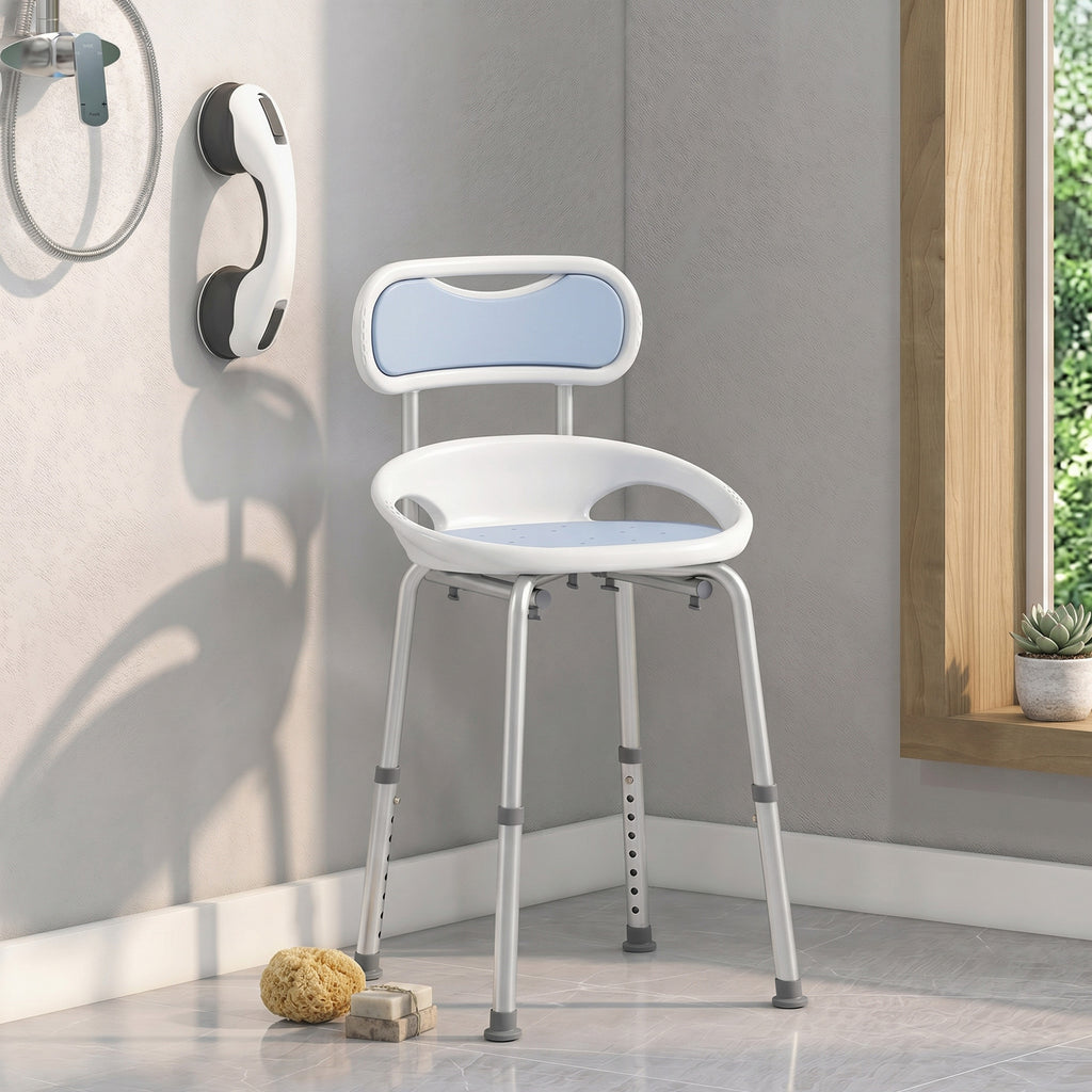 HOMCOM Shower Chair with Backrest and Perforated Seat, 8 Adjustable Heights, Non-Slip, Load Capacity 136kg, Blue