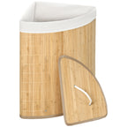 Laundry Basket with Triangular Lid in Bamboo and Fabric, 38x38x57cm, Wood Color - Borgè