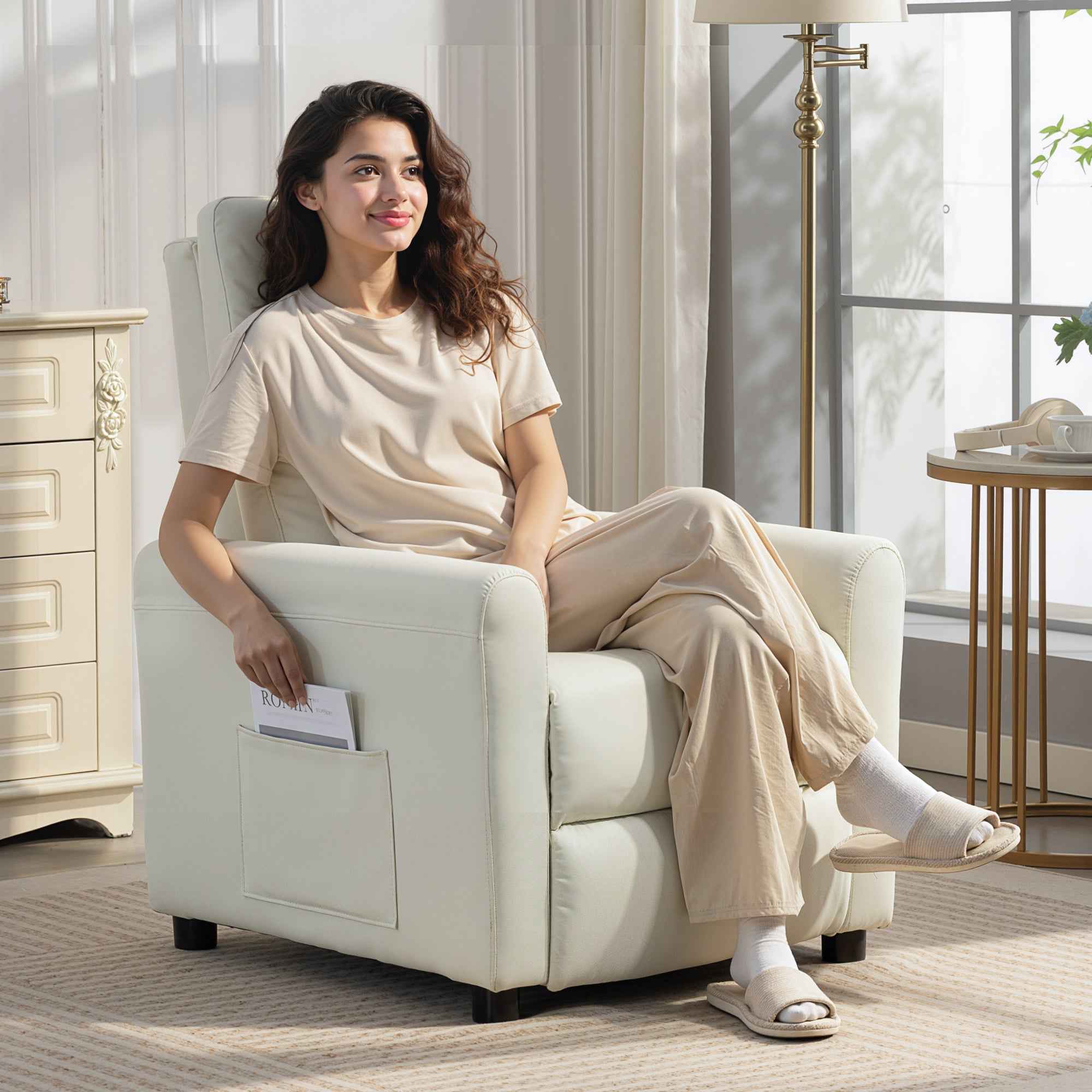 HOMCOM Reclining Chair 135° max in Linen Effect Fabric, Foam, Steel and Wood, 73x86x100 cm, Cream White