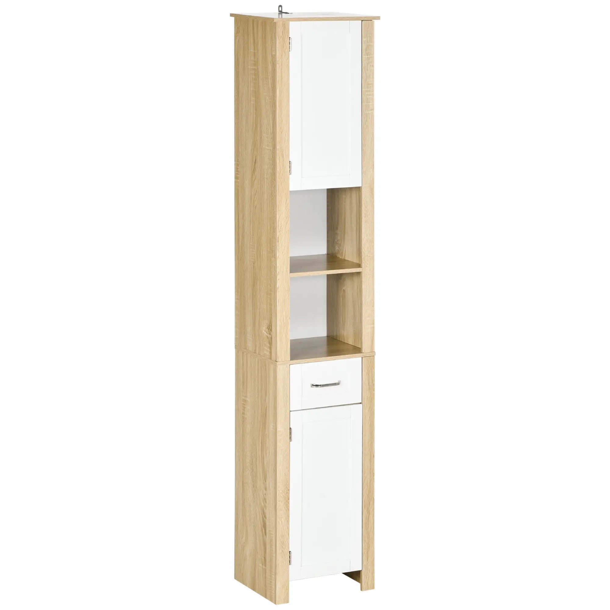 Tall Bathroom Cabinet in Chipboard with a Drawer, 2 Cabinets and 2 Adjustable Open Shelves, 37x30x184 cm