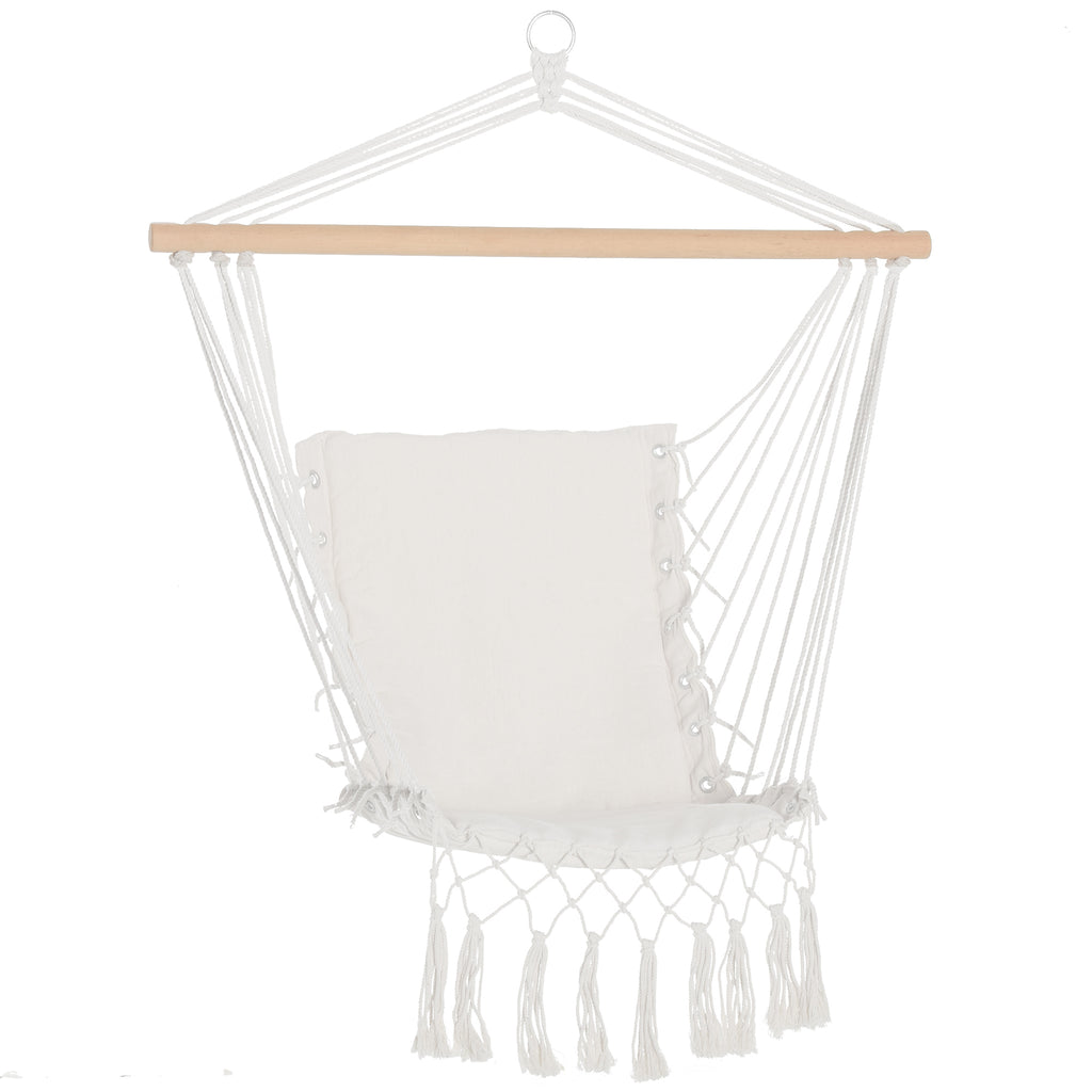 Indoor and Outdoor Hanging Rocking Chair in Fabric with Tassels, 90x50 cm, Cream