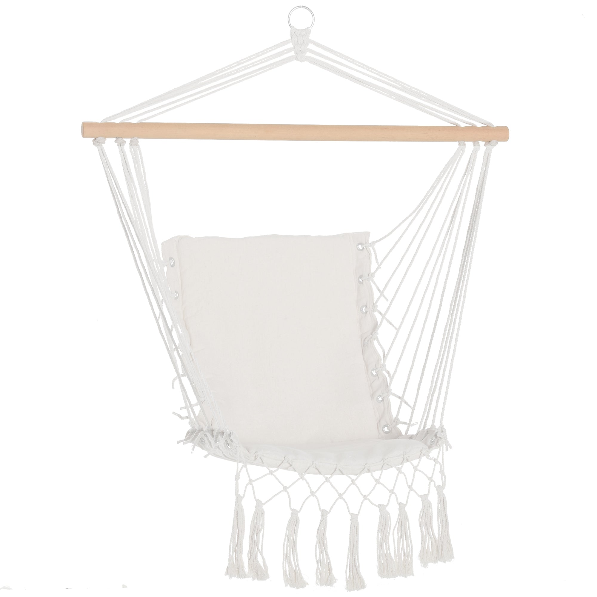 Indoor and Outdoor Hanging Rocking Chair in Fabric with Tassels, 90x50 cm, Cream