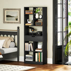 Modern Wooden Bookcase with Central Drawer and Anti-Tip Kit, 60x26x158 cm, Black