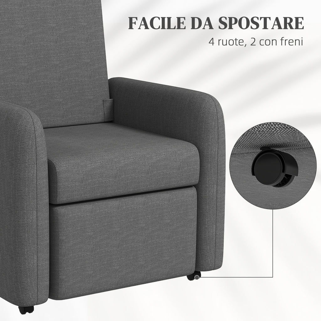 Reclining Armchair 115° max with Footrest and 4 Wheels, in Polyester and Wood, 76x78.5x102 cm, Gray