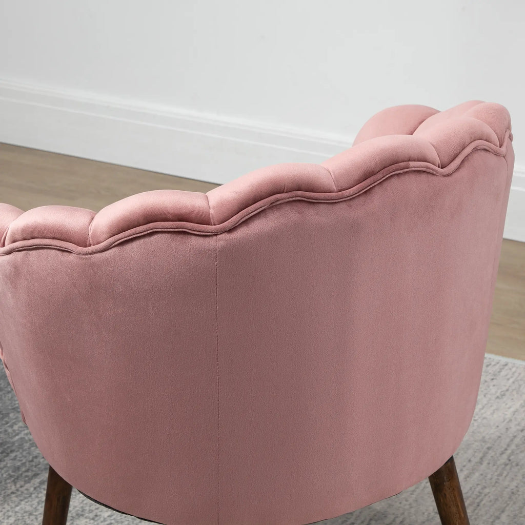 Upholstered Chair with Shell Backrest and Wooden Legs, Velvet Armchair for Living Room and Bedroom, 66x66x78.5cm, Pink