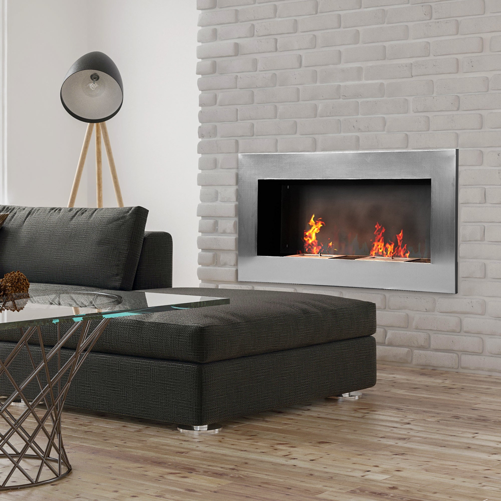 Wall-Mounted Bioethanol Fireplace Made of Stainless Steel with 2 Burners 0.9LT 110 x 54 x 14cm