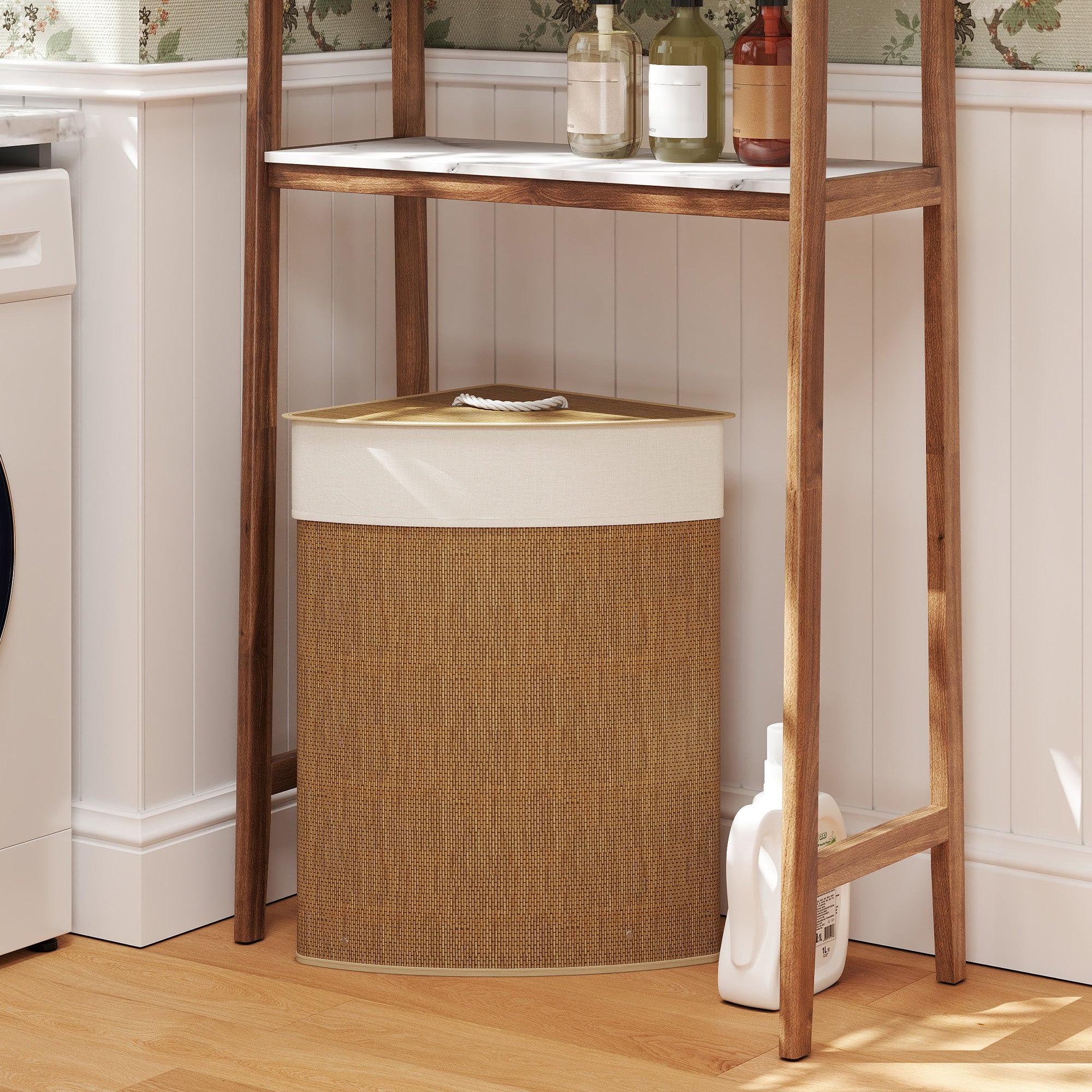 55L Corner Bamboo Laundry Hamper with Removable Bag and Removable Lid, 35x35x60 cm, Brown