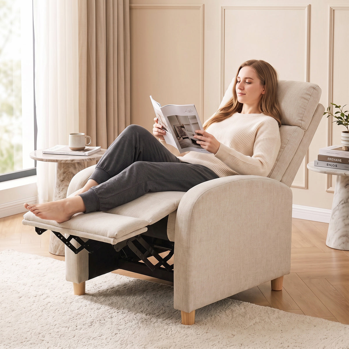HOMCOM 135° Manually Reclining Relaxing Chair with Fabric Footrest, Beige