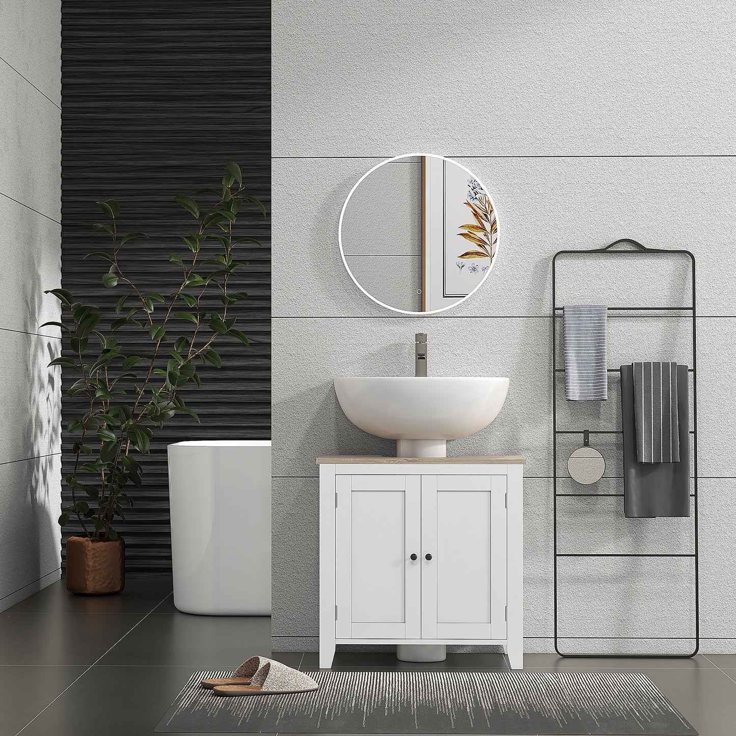 kleankin U-shaped bathroom vanity unit with adjustable internal shelf, in MDF, 60x30x60 cm, white and wood color