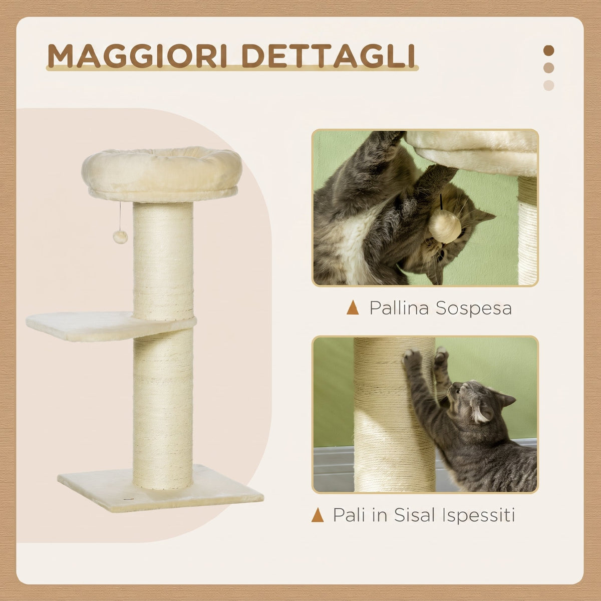 PawHut Cat Scratching Post, 105cm Tall, with Sisal Scratching Post, Basket, Hanging Ball, Plush Toy, Beige