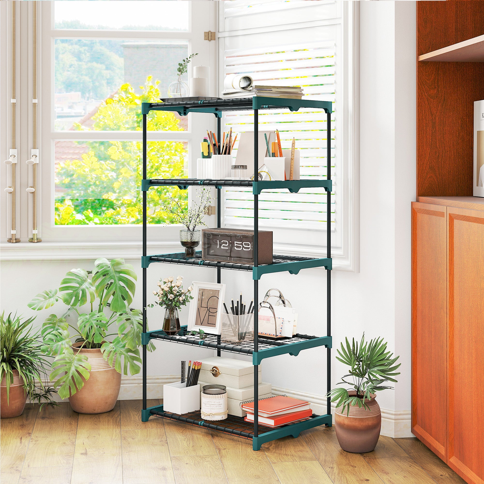 Outsunny 5-Tier Open Plant Stand in Steel and Plastic, 67x49x138 cm, Dark Green