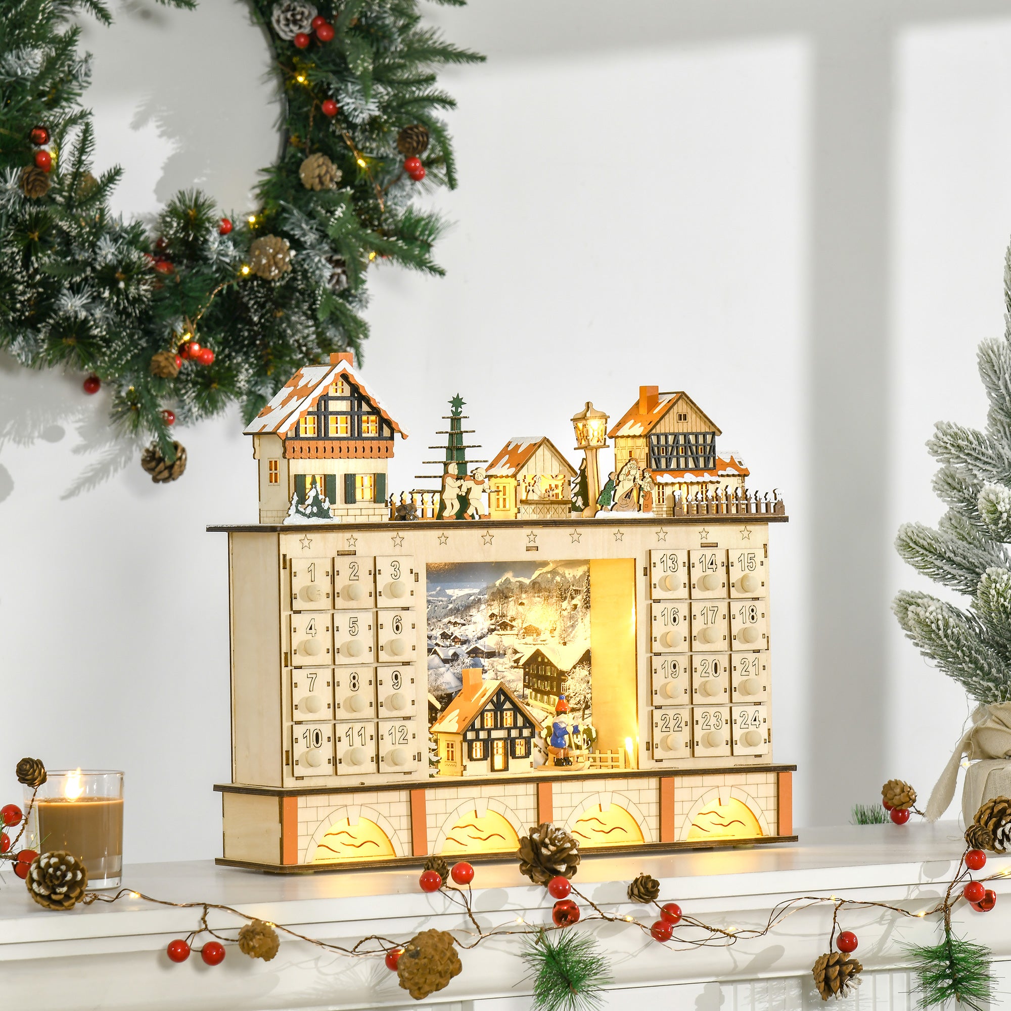 Wooden Advent Calendar with 24 Drawers to Fill, Christmas Village Decoration and Lights, 44x10x37cm