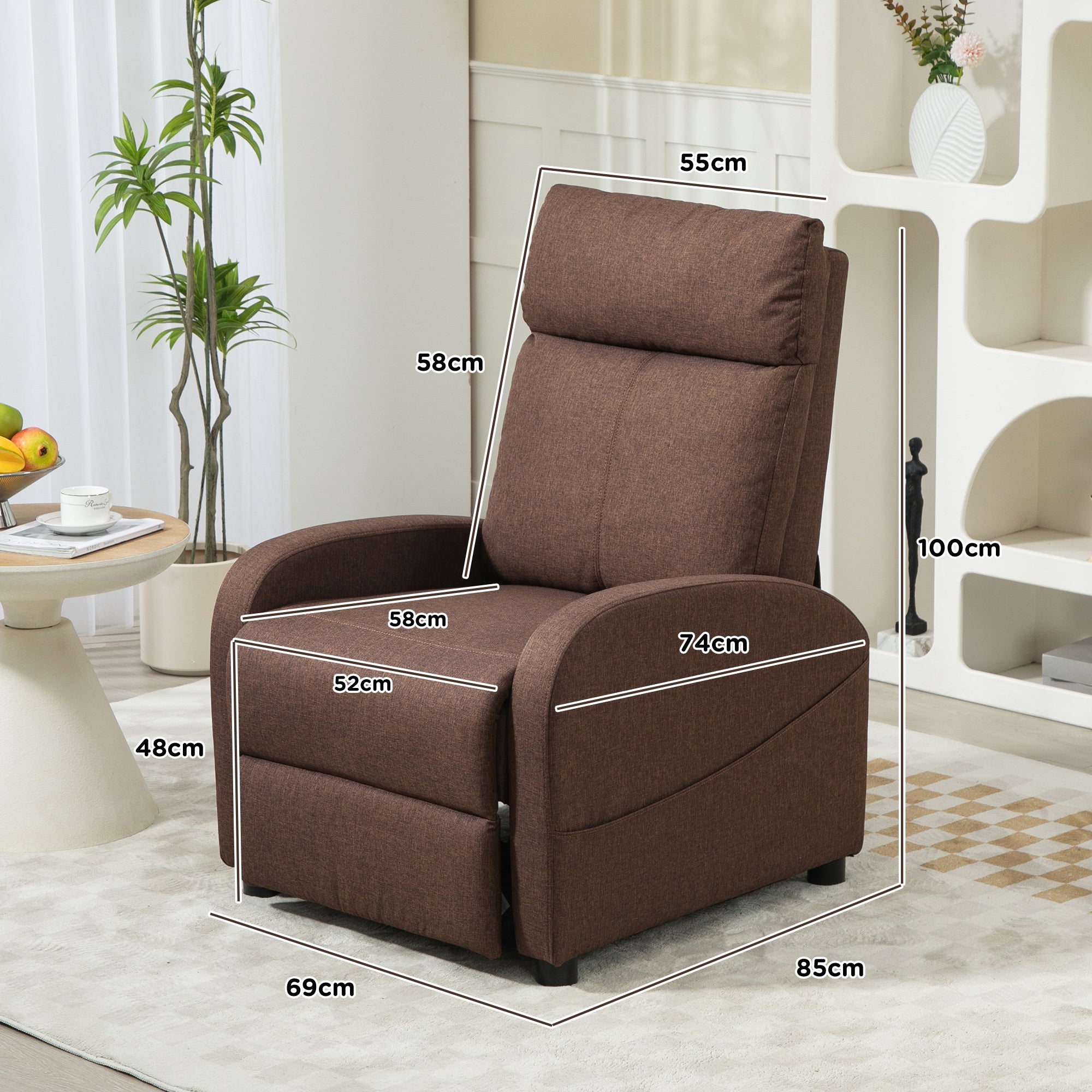 Reclining Relax Chair with Footrest in Linen Effect Fabric, 69x85x100 cm, Brown