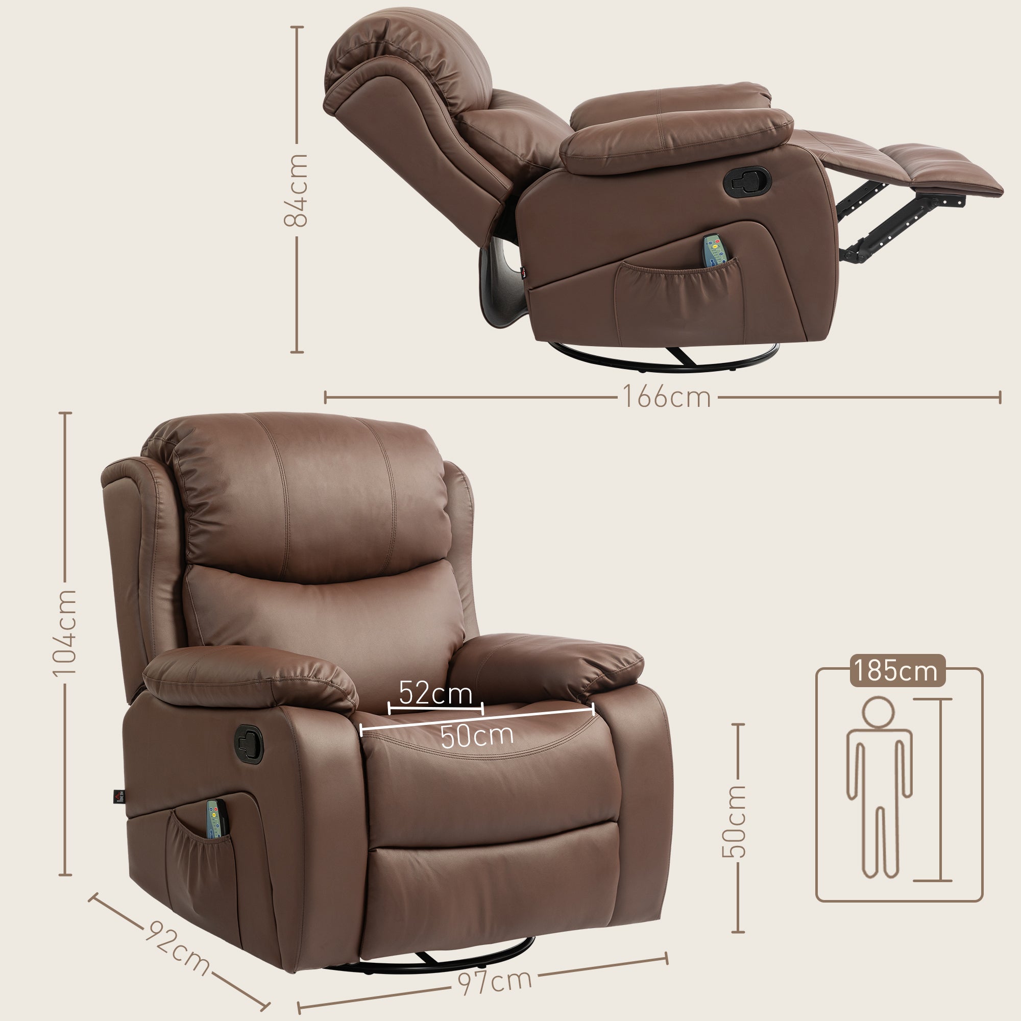 Reclining Relax Chair with 8 Massage Points, Heating and Footrest, 97x92X104 cm, Brown