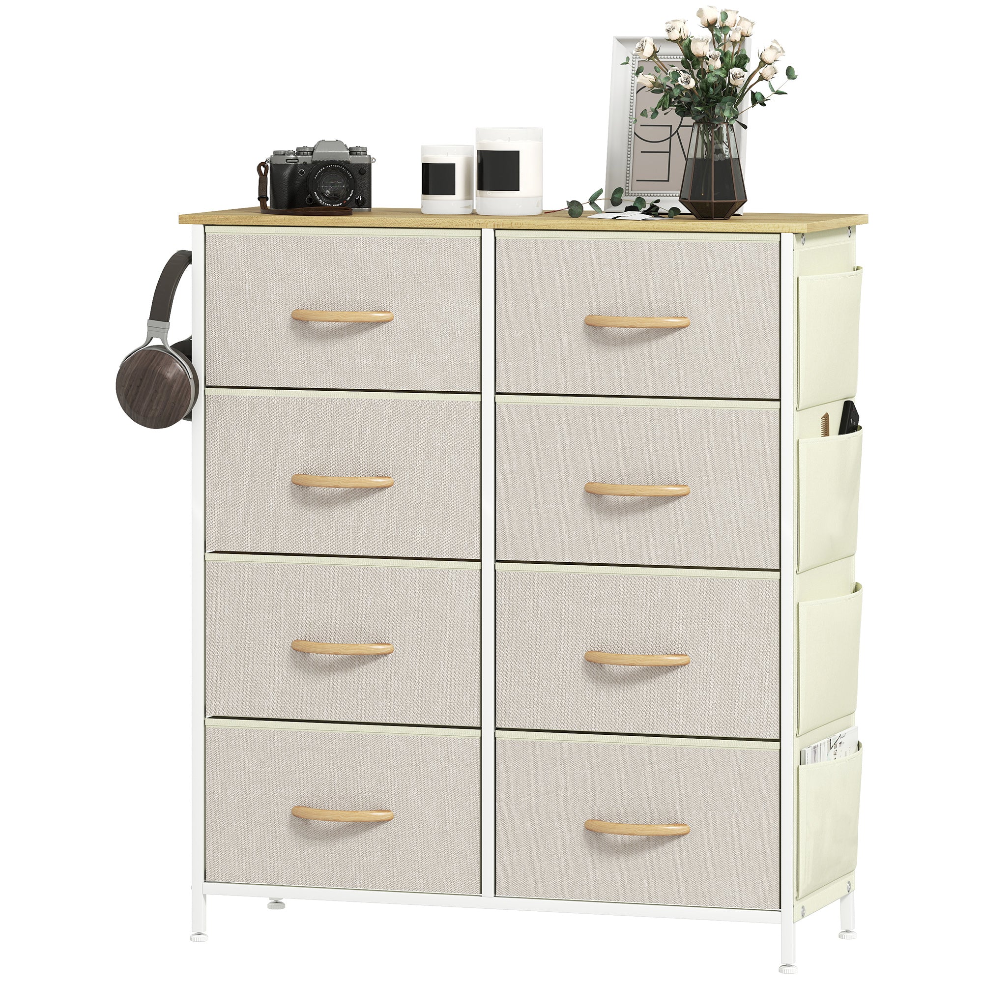 8-Drawer Folding Chest of Drawers with 4 Pockets and 2 Hooks, Made of Wood, Steel and Fabric, 86x30x94.5 cm
