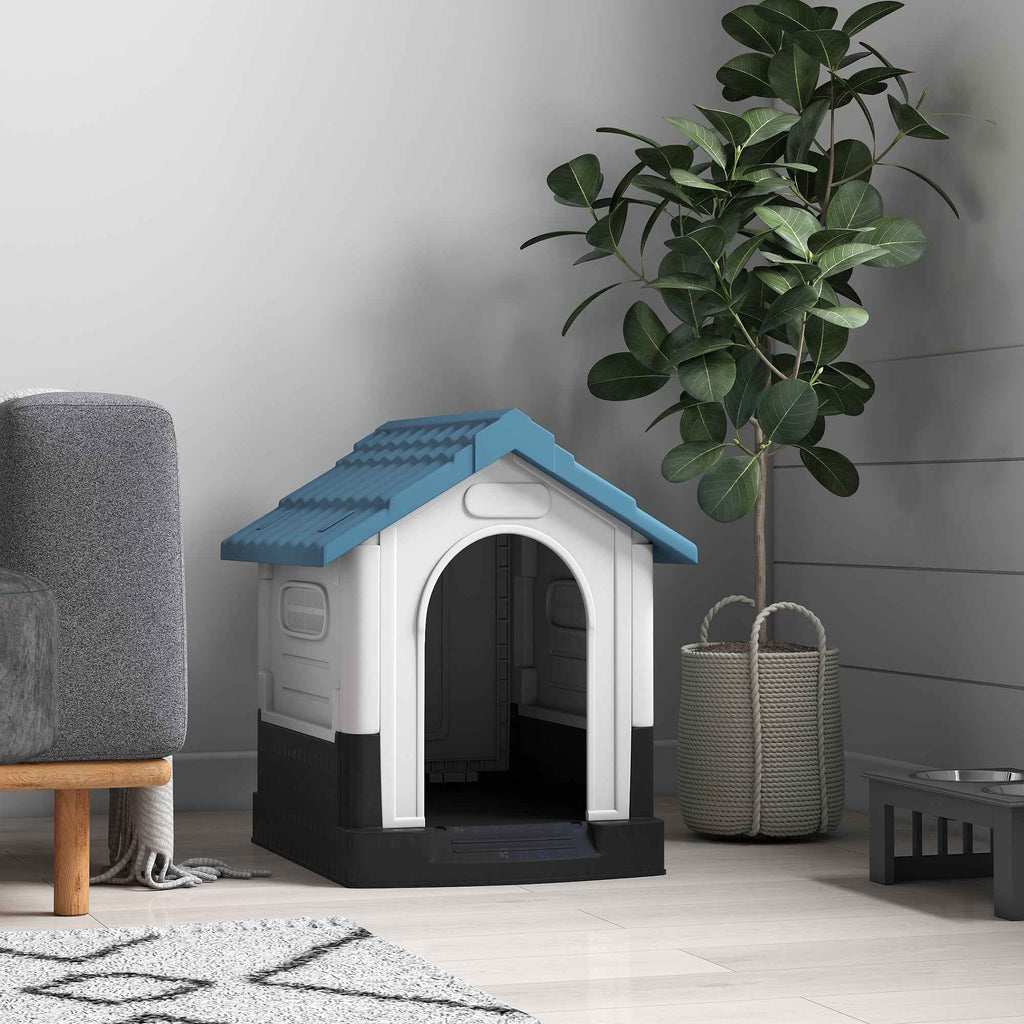 PawHut Outdoor Plastic Dog Kennel with Windows and Raised Base, 64.5 x 57 x 66 cm, Blue