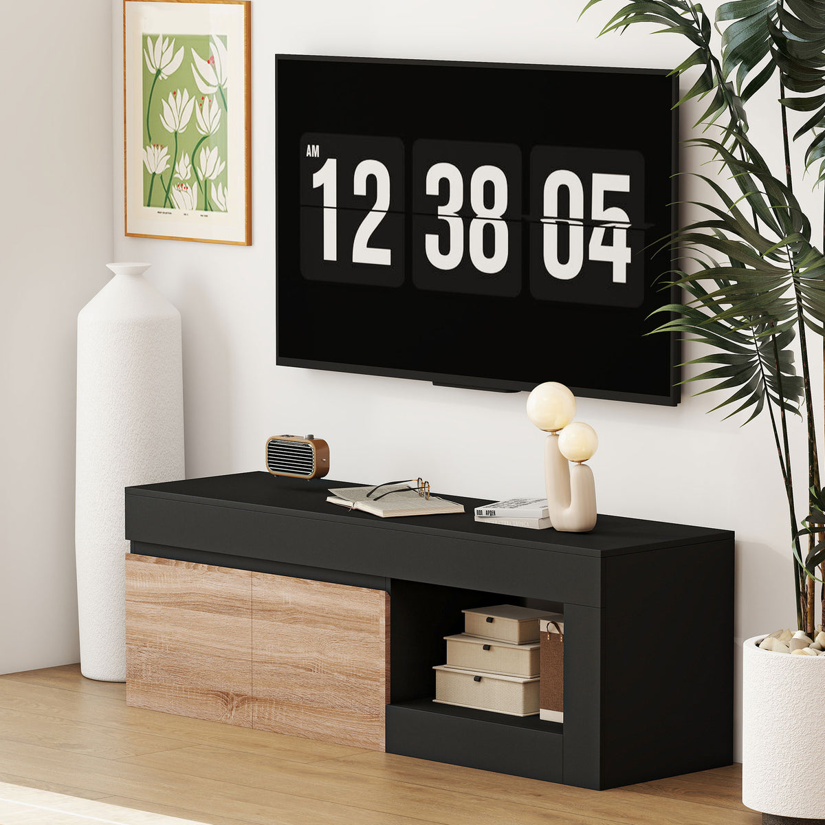 HOMCOM Modern 60" Max TV Stand with 2-Door Cabinet and Open Shelf, 140x40x48 cm, Black and Wood Color