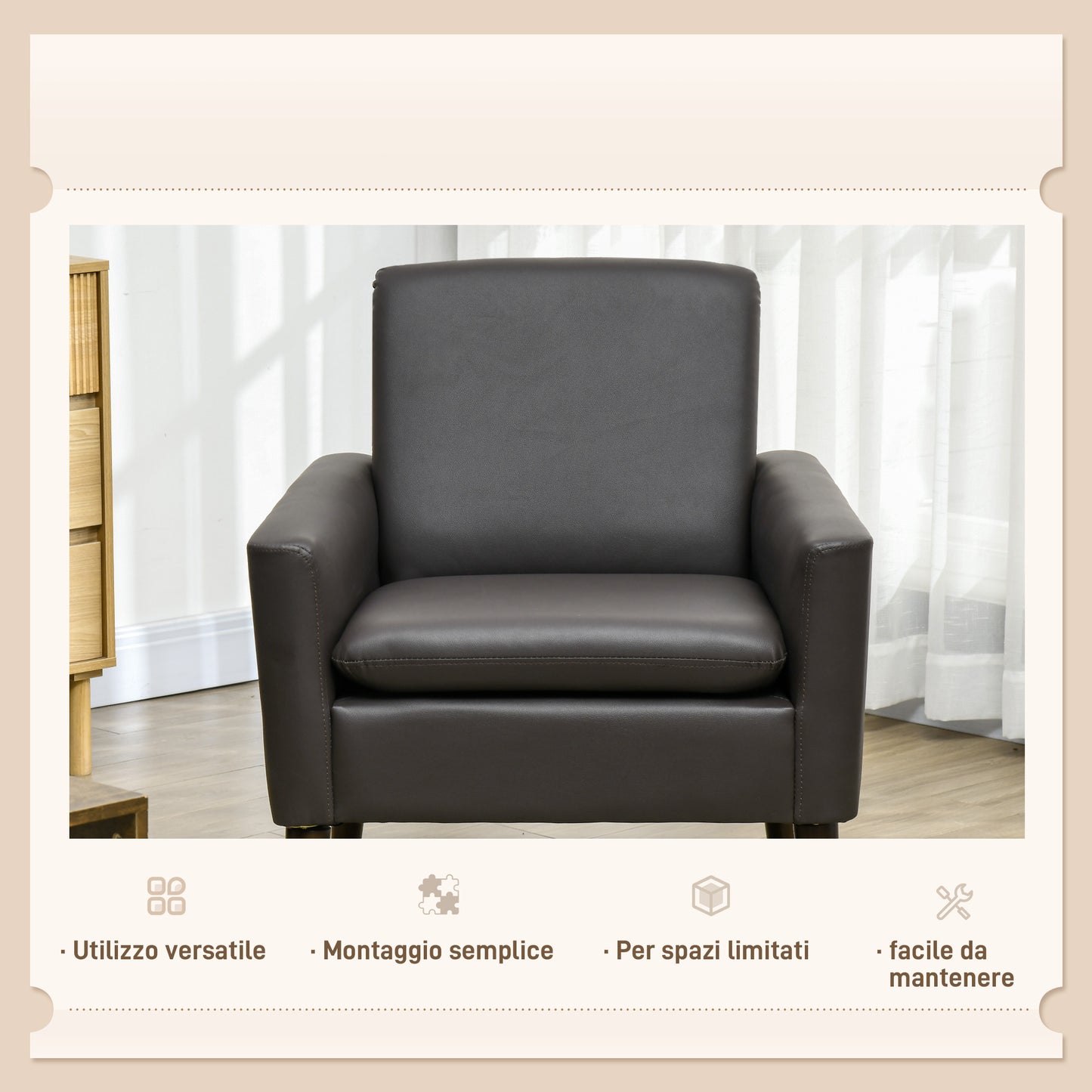 HOMCOM Padded Living Room Armchair, Modern Armchair in Faux Leather and Wood, 75x78x81 cm, Brown