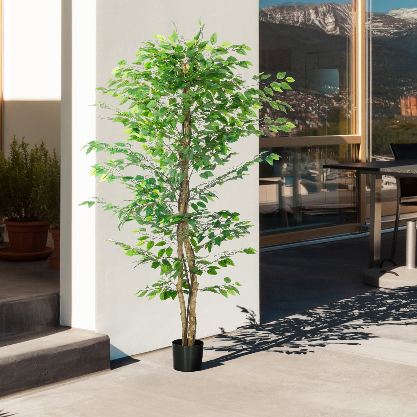 Artificial Ficus Plant 180cm for Indoor and Outdoor with Filled Metal Pot, Green